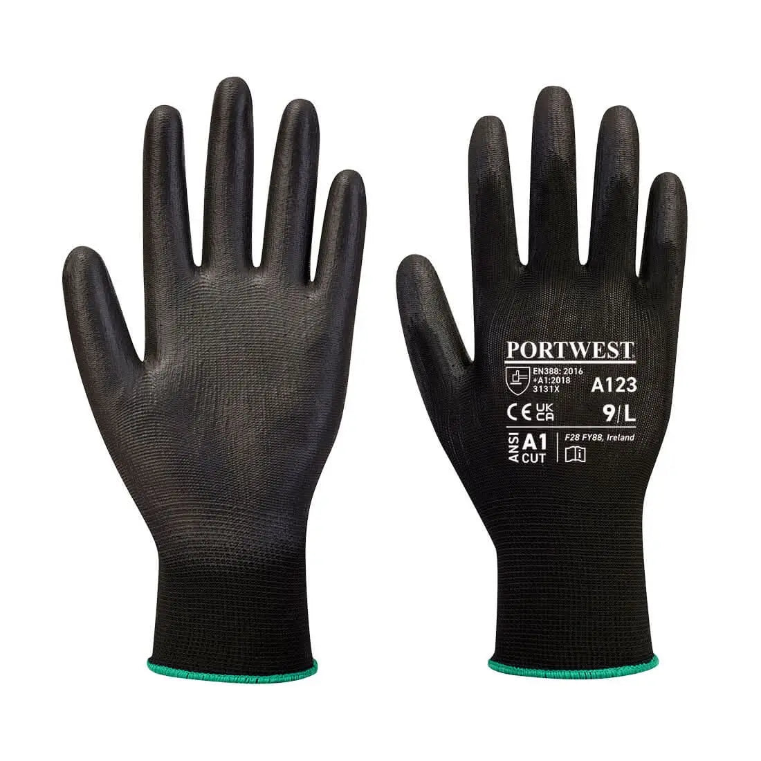 Portwest Pu Palm Glove Latex Free Full Carton 144 Pairs A123 - Black - Customisable Hand Protection