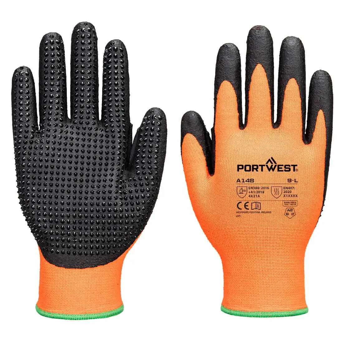 Portwest Grip 13 Nitrile High Dotted Glove A148 - Orange Black - Customisable Hand Protection