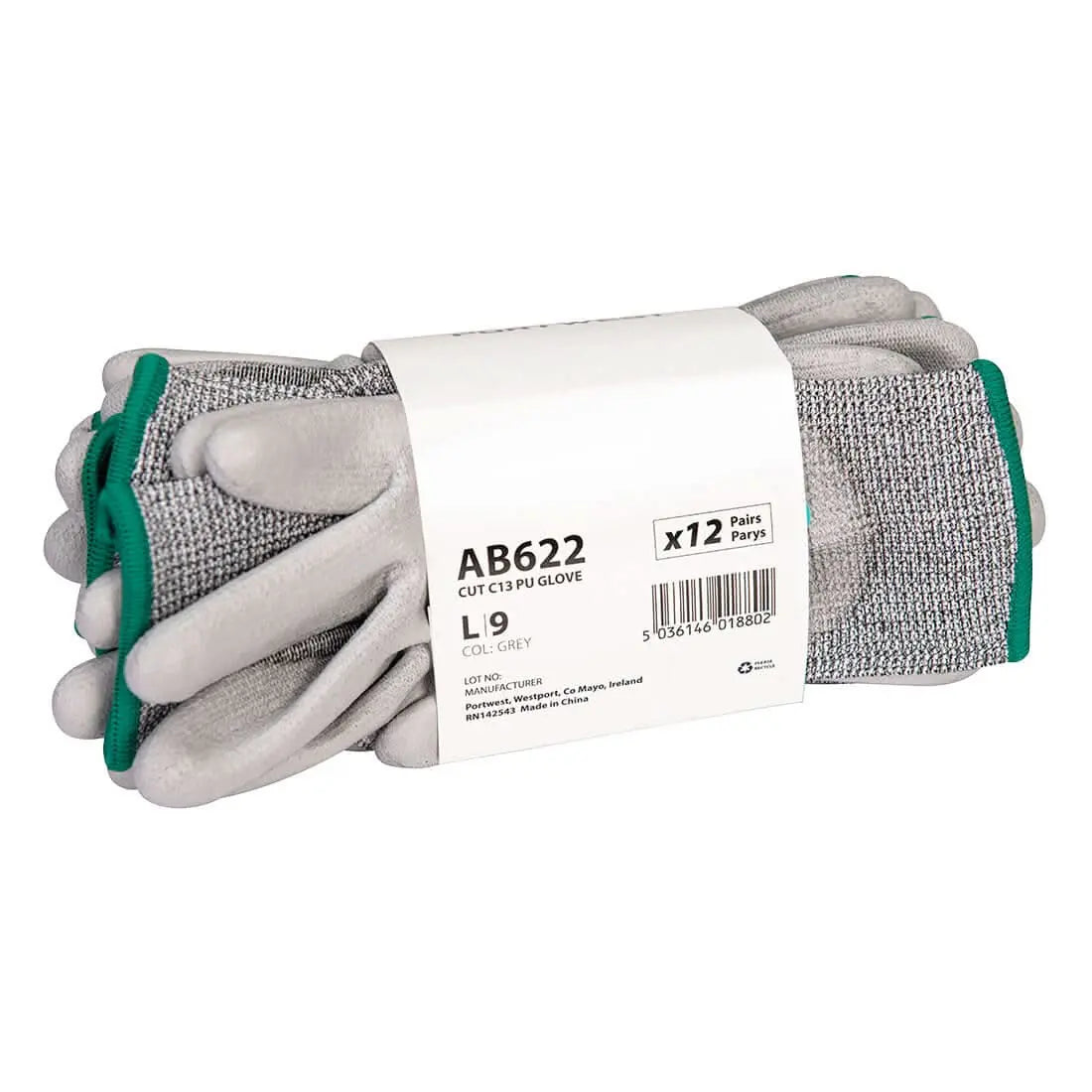 Portwest AB622 Cut C13 PU Essential Gloves – 12 Pairs - Grey - Customisable Hand Protection
