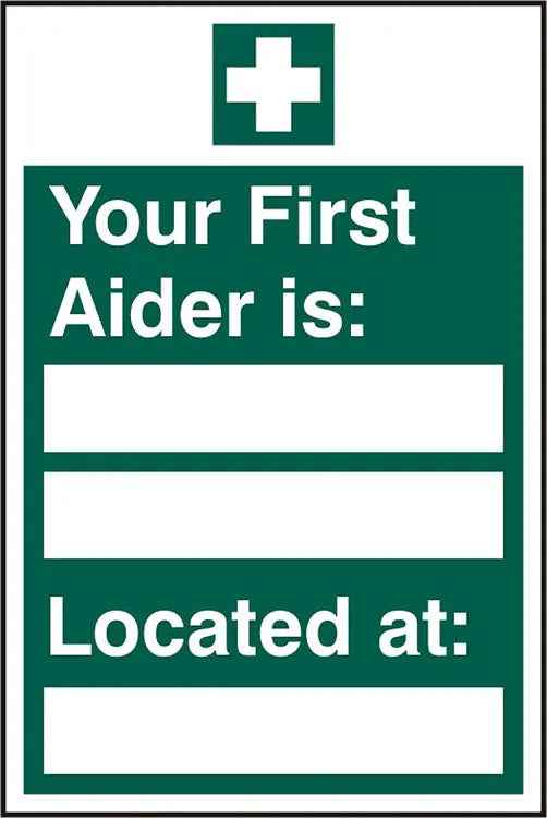 Beeswift First Aider Located Sign Self Adhesive Bss12044 N - Green 200X300MM - Customisable First Aid Signs