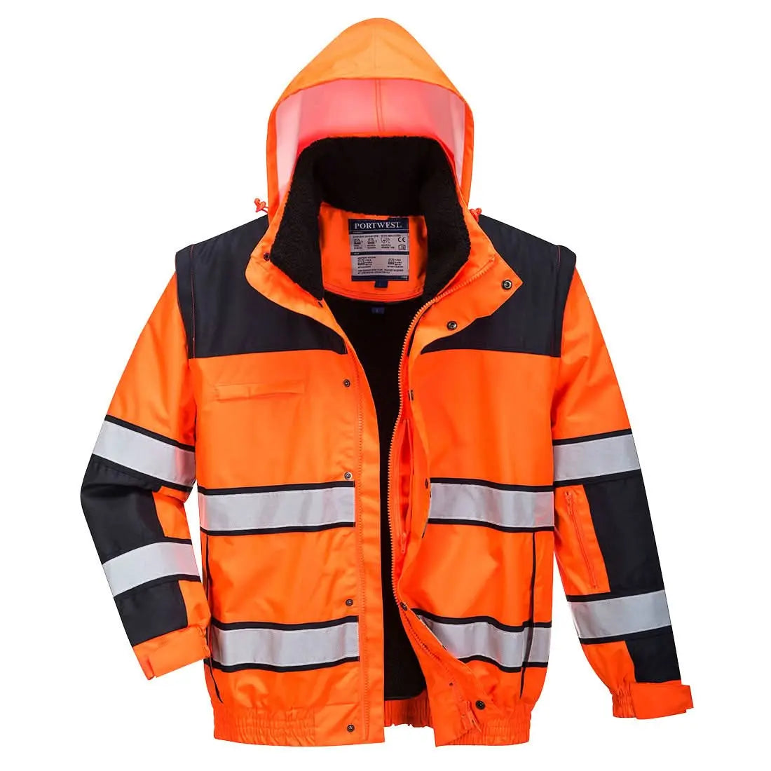 Portwest Hi Vis 3 In 1 Contrast Winter Bomber Jacket C466 - Orange Black - Customisable Jacket