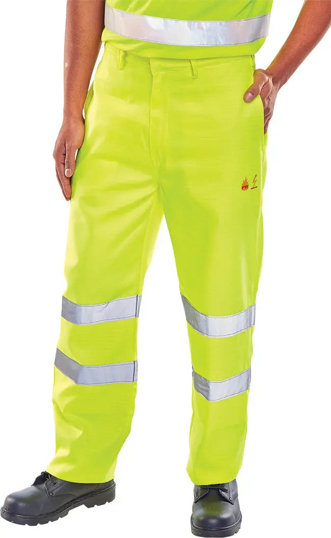 Beeswift Tesla Fire Retardant Hi Vis Anti Static Trousers Cfrastet - Saturn Yellow - Customisable Trousers