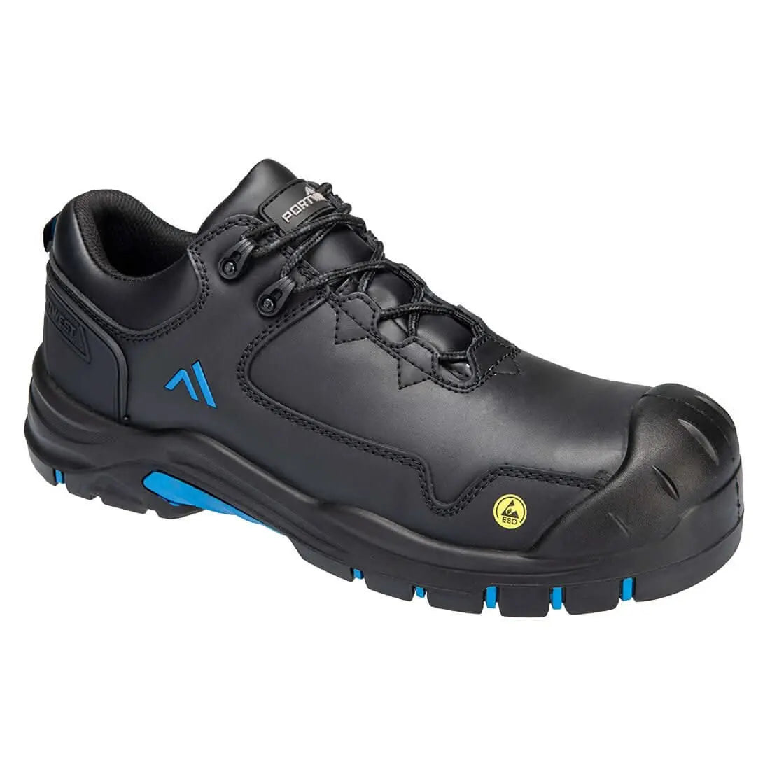 Portwest Composite Action Leather Low Shoe S3S Esd Hro Sr Sc Fo FC19 - Black Blue - Customisable Shoes