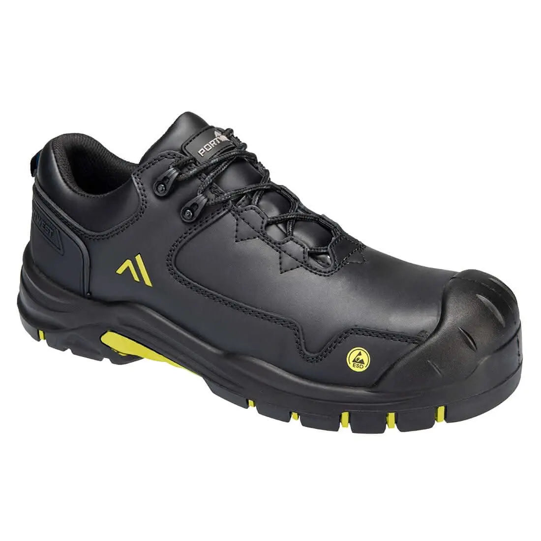 Portwest Composite Action Leather Low Shoe S3S Esd Hro Sr Sc Fo FC19 - Black Yellow - Customisable Shoes