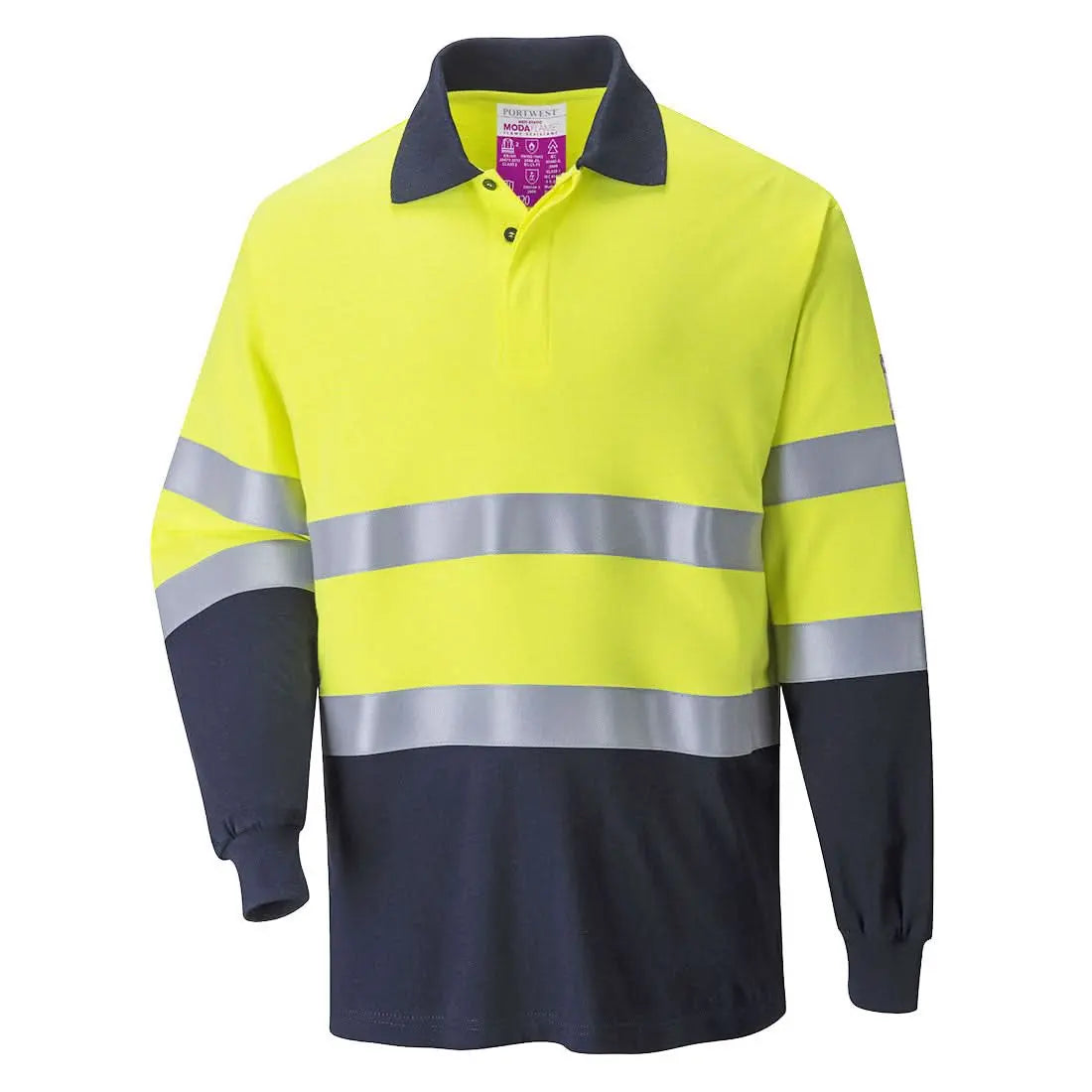 Portwest Modaflame Knit Anti Static Two Tone Fr Polo Shirt FR74 - Yellow Navy - Customisable Polos