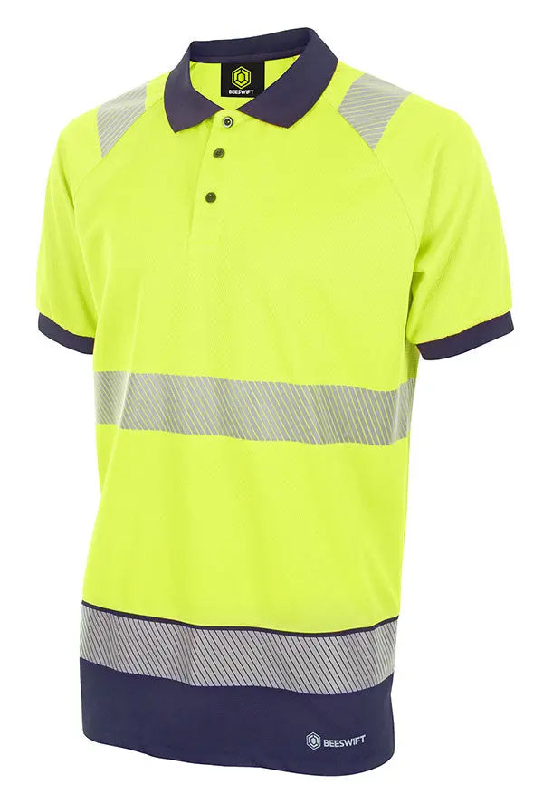 Deltic Beeswift Deltic Hi Vis Two Tone Short Sleeve Polo Shirt Hvtt010 - Saturn Yellow Navy - Customisable Polo Shirts