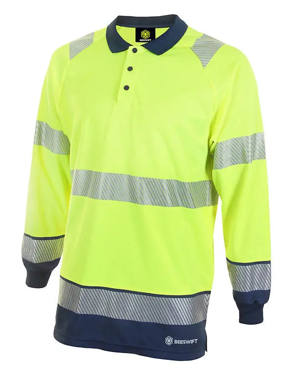 Deltic Beeswift Deltic Hi Vis Two Tone Long Sleeve Polo Shirt Hvtt015 - Saturn Yellow Navy - Customisable Polo Shirts