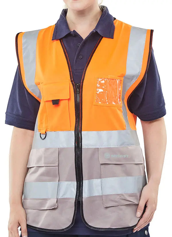 Beeswift Hi Vis Two Tone Executive Id Vest Hvwctt - Orange Grey - Customisable Hi-Vis Vest