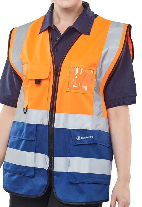 Beeswift Hi Vis Two Tone Executive Id Vest Hvwctt - Orange Navy - Customisable Hi-Vis Vest
