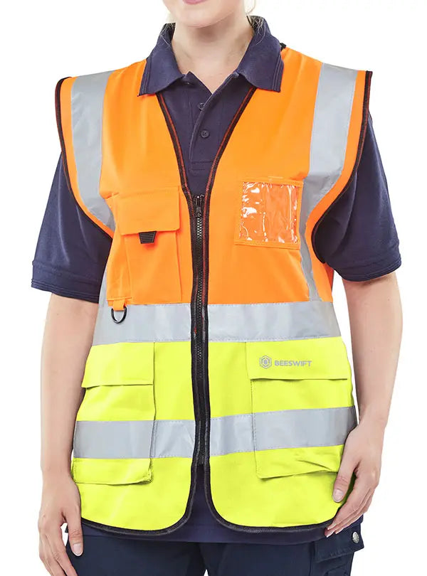 Beeswift Hi Vis Two Tone Executive Id Vest Hvwc2 T - Orange Saturn Yellow - Customisable Hi-Vis Vest