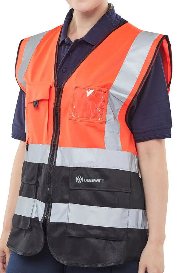 Beeswift Hi Vis Two Tone Executive Id Vest Hvwctt - Red Black - Customisable Hi-Vis Vest