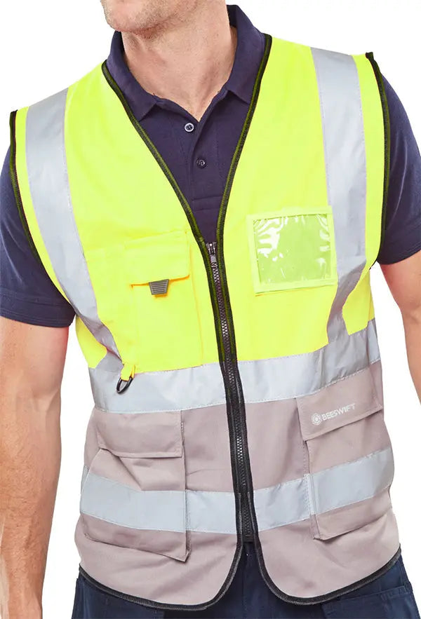 Beeswift Hi Vis Two Tone Executive Id Vest Hvwctt - SaturnYellow Grey M - Customisable Hi-Vis Vest