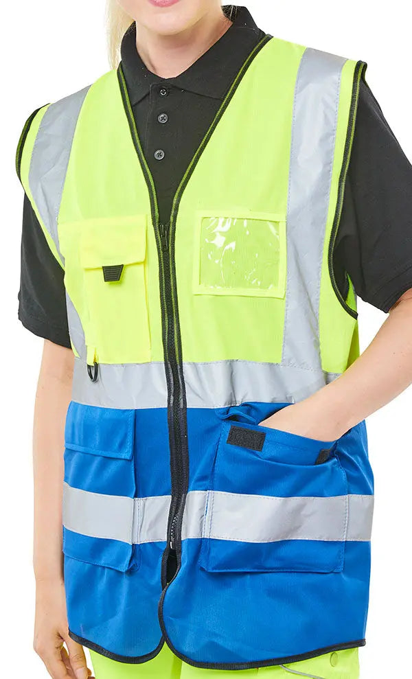Beeswift Hi Vis Two Tone Executive Id Vest Hvwctt - Saturn Yellow Royal - Customisable Hi-Vis Vest