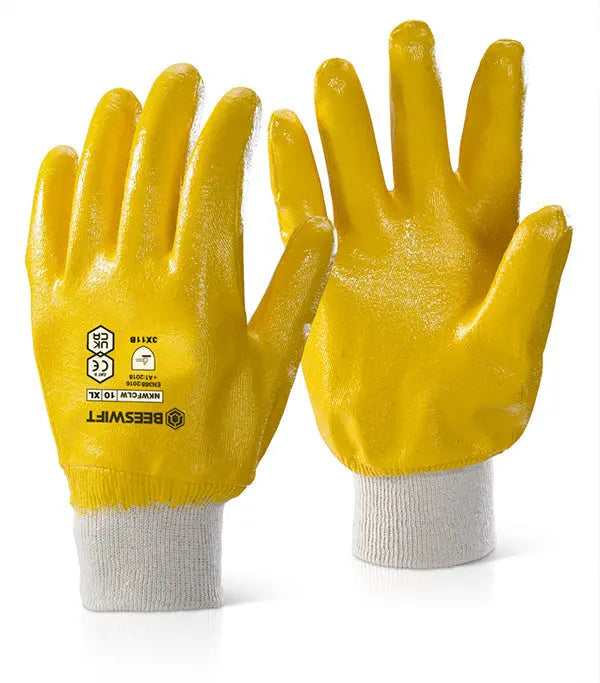 Beeswift Nitrile Knitted Wrist Fully Coated Light Weight Gloves Nkwfclwn - Yellow 10 - Customisable Nitrile