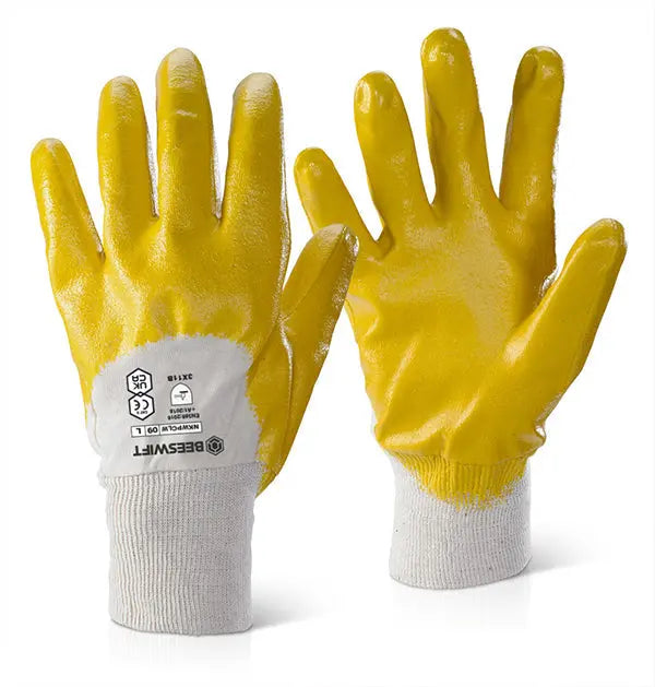 Beeswift Nitrile Knitted Wrist Palm Coated Light Weight Gloves Nkwpclwn - Yellow 10 - Customisable Nitrile