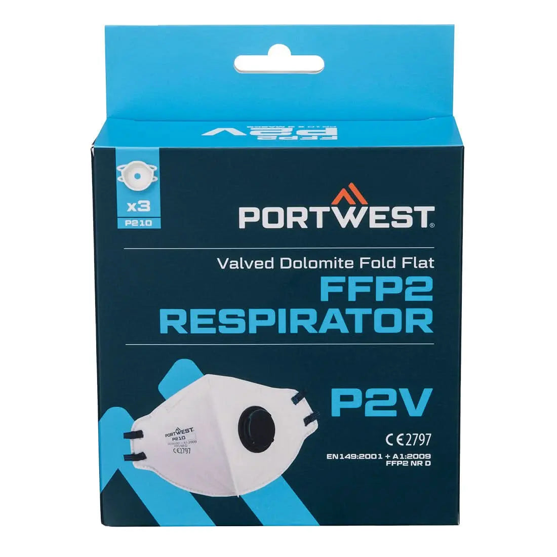Portwest Ffp2 Valved Dolomite Fold Flat Respirator Pk3 P210 - White - Customisable PPE