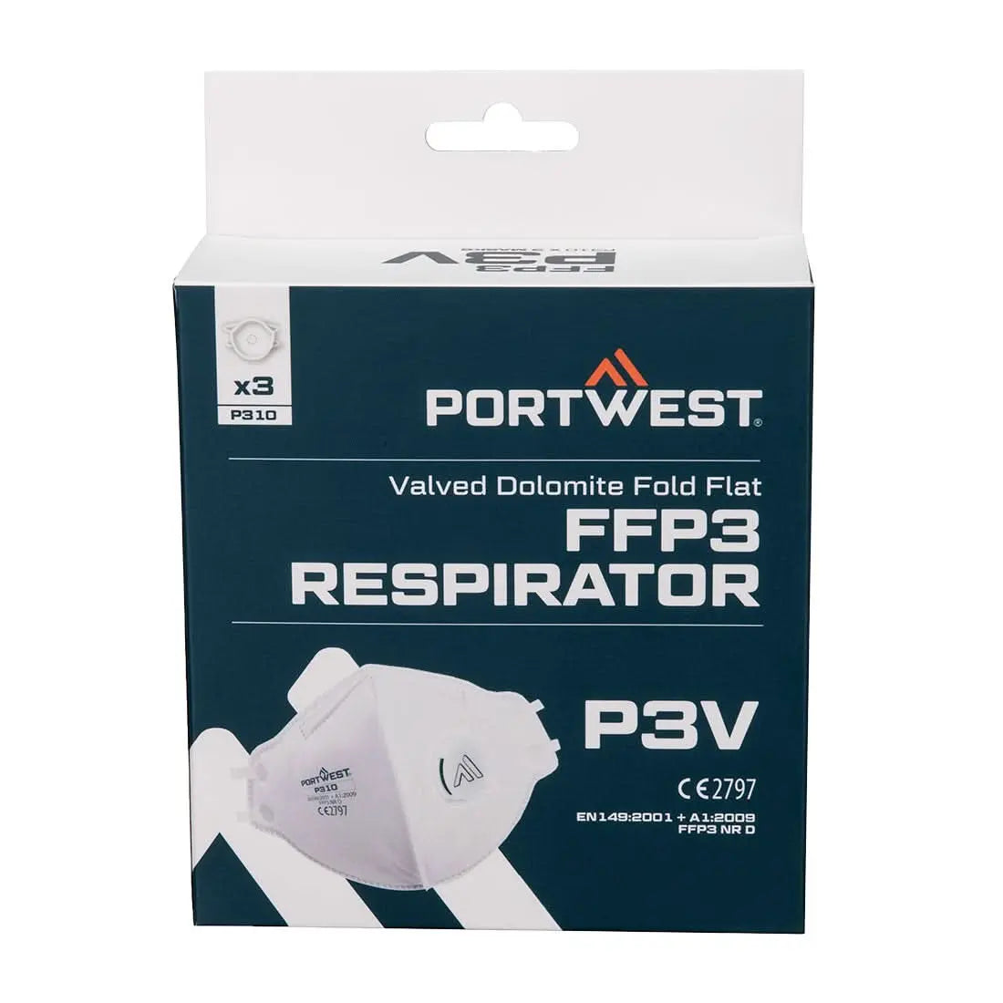 Portwest FFP3 Valved Dolomite Fold Flat Respirator Pk3 - White OneSize - Customisable PPE