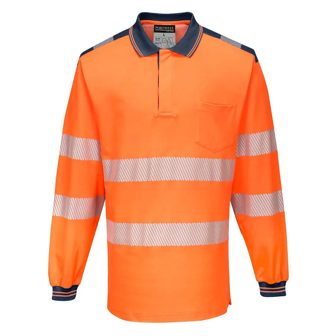 Portwest Pw3 Hi-vis Cotton Comfort Polo Shirt Ls T184 - Orange Navy - Customisable Hi-Vis Polos