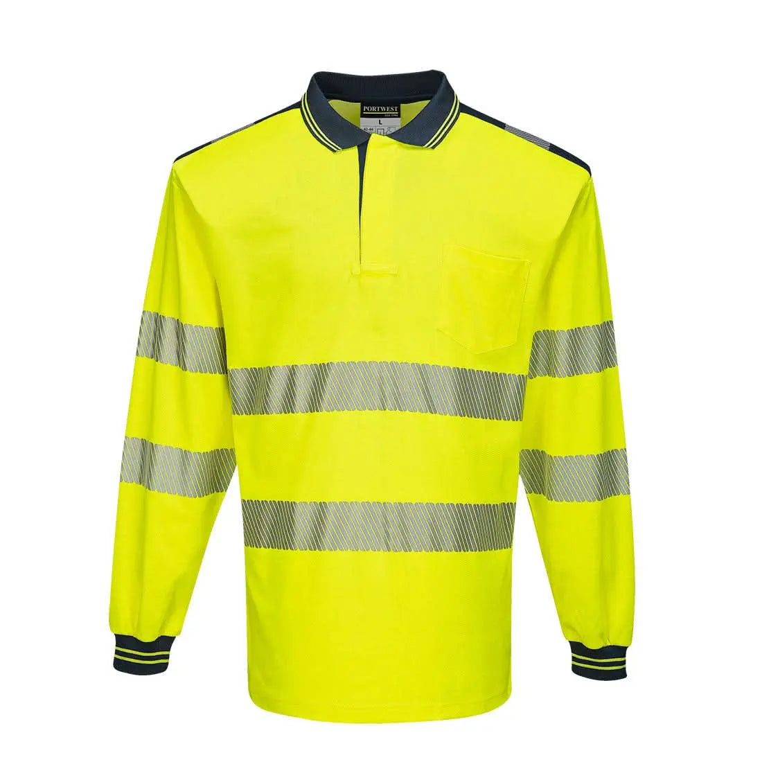 Portwest Pw3 Hi-vis Cotton Comfort Polo Shirt Ls T184 - Yellow Navy - Customisable Hi-Vis Polos