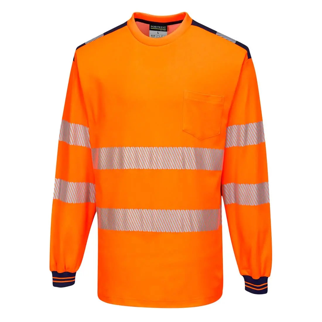 Portwest Pw3 Hi Vis Cotton Comfort T Shirt LS T185 - Orange Navy - Customisable Hi-Vis T-Shirts