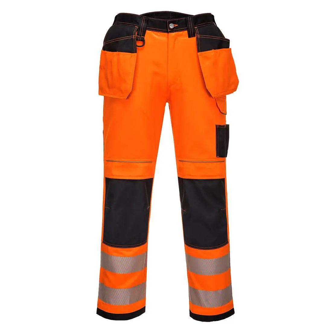 Portwest Pw3 Hi Vis Holster Pocket Work Trousers OrangeBlack Short T501 - Orange Black Short - Customisable Hi-Vis Trousers