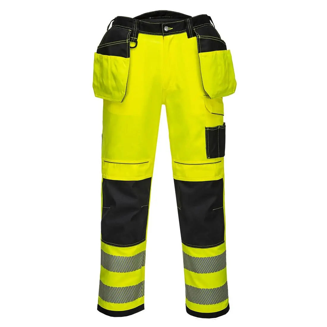 Portwest Pw3 Hi Vis Holster Pocket Work Trousers YellowBlack Short T501 - Yellow Black Short - Customisable Hi-Vis Trousers