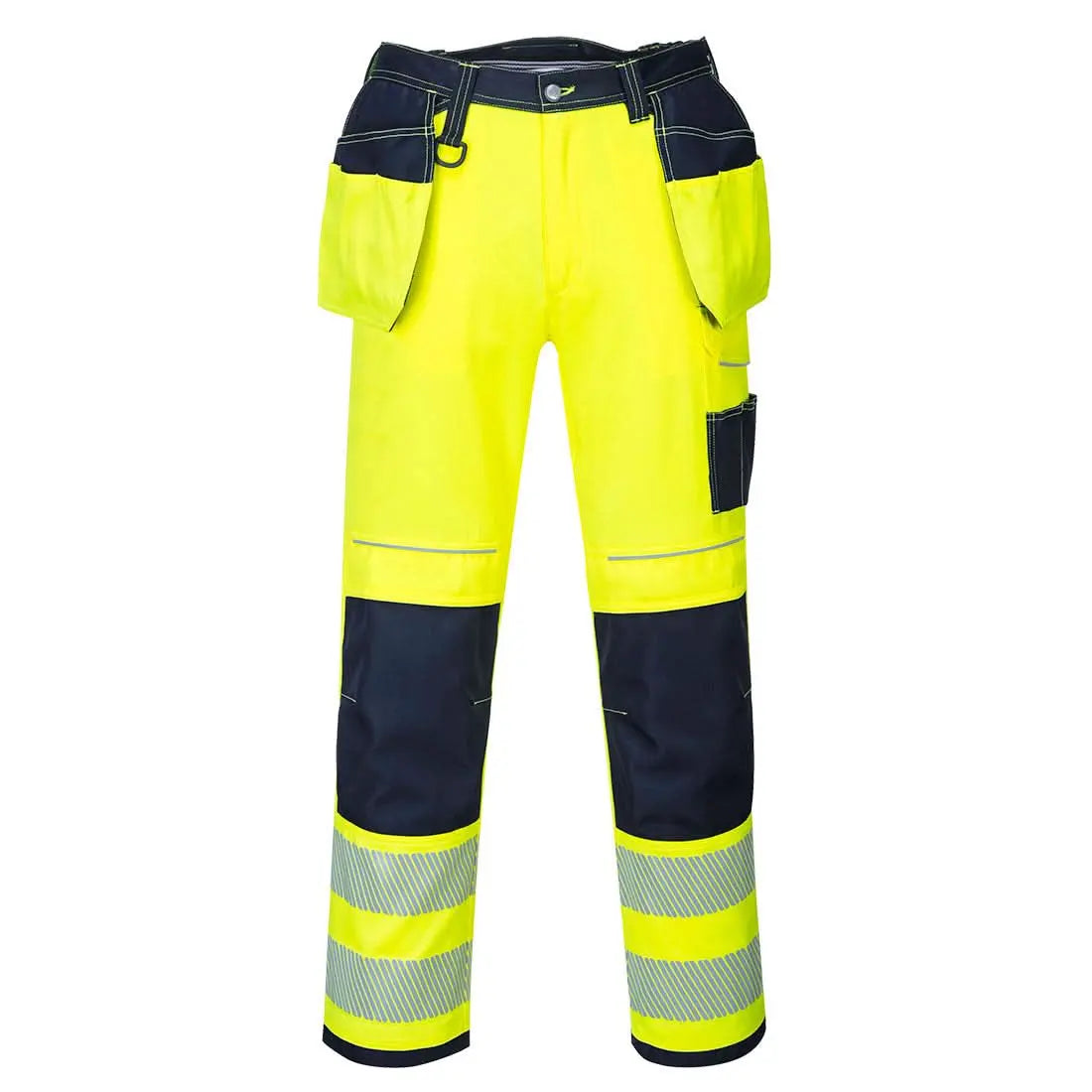 Portwest Pw3 Hi Vis Holster Pocket Work Trousers YellowNavy Short T501 - Yellow Navy Short - Customisable Hi-Vis Trousers
