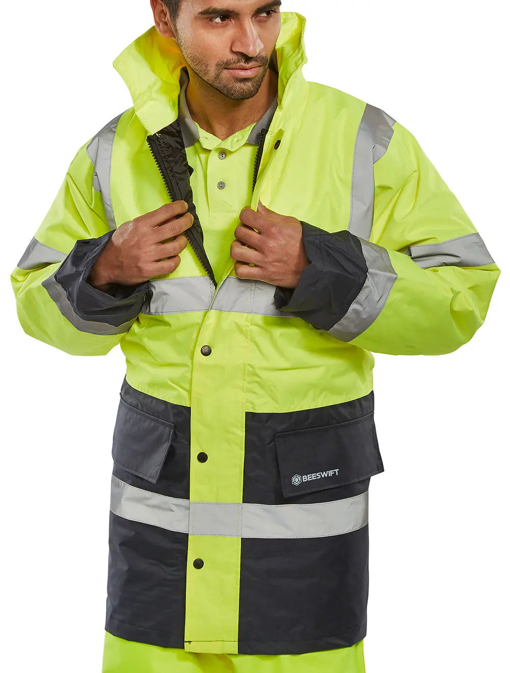 Beeswift Hi Vis Fleece Lined Traffic Jacket Ctjfl - Saturn Yellow Navy - Customisable Jacket